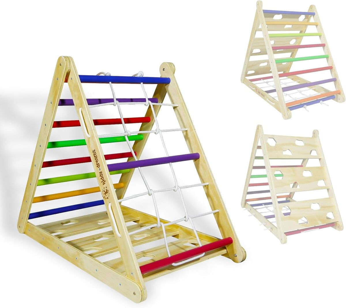 DREAMADE – Triangle D'Escalade Montessori 3-en-1 – Arche, Rampe Double Face – Bois De Hêtre Massif – Charge 50 Kg – Dès 1 An – Multicolore