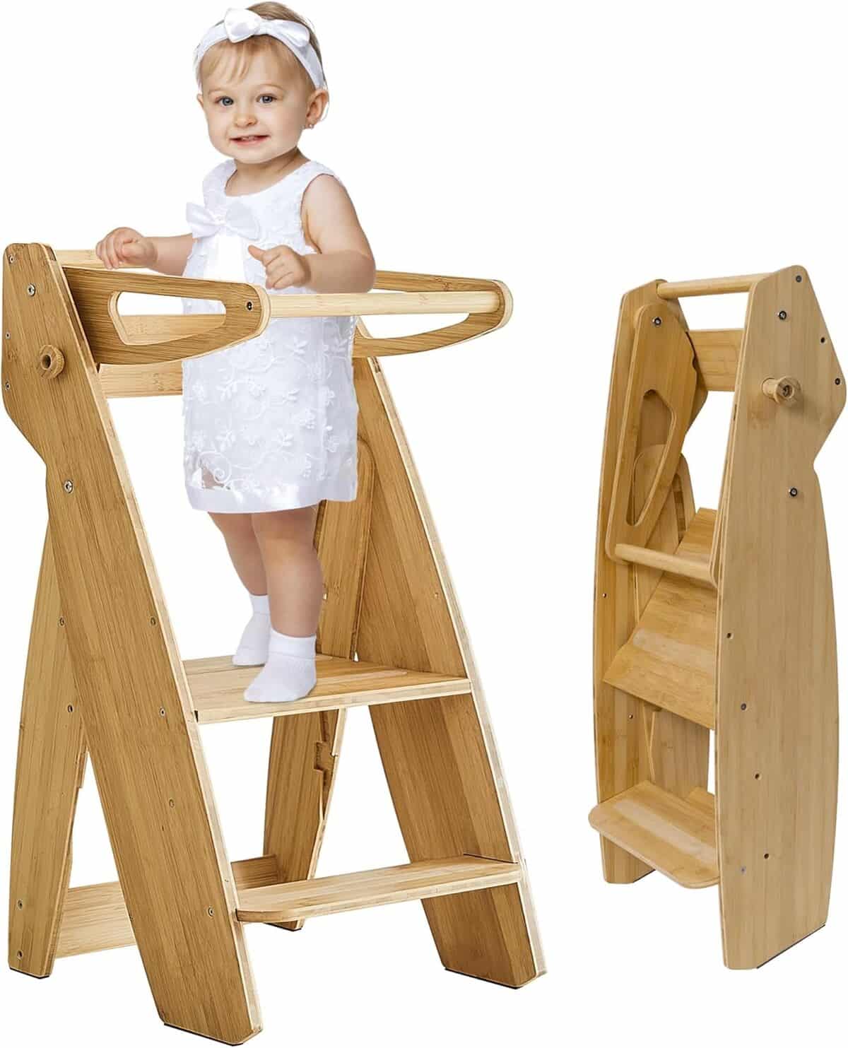 Test de la tour pliable en bambou pour enfants : tabouret de cuisine réglable et sécurisé