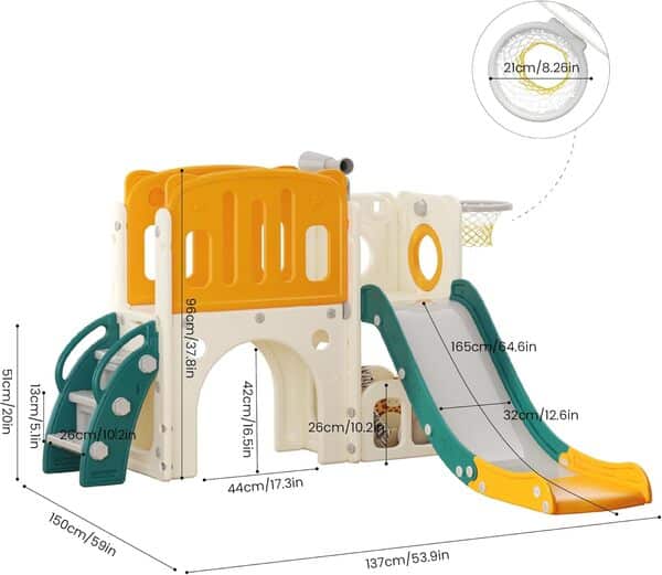 hoopyosms Toboggan pour Tout-Petits avec Échelle d'escalade, Panier de Basket et Tunnel, Ensemble de Toboggan en Plastique pour Enfants, Jouets d'aire de Jeux Montessori, Vert