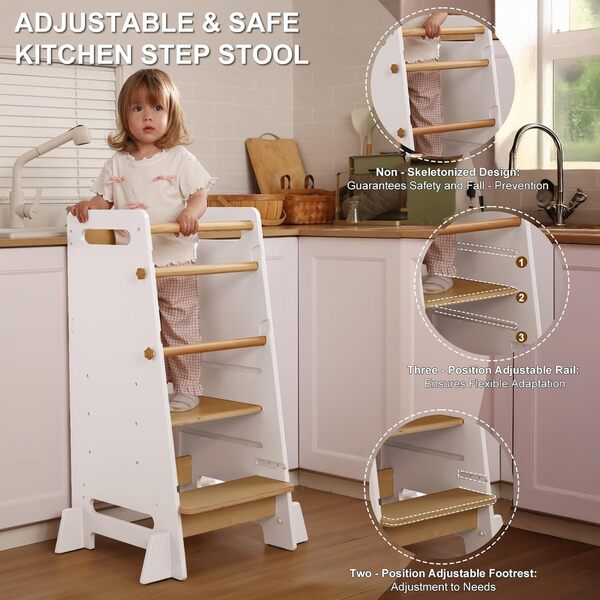 Montessori Marchepied de cuisine pour tout-petits – Tour d'apprentissage debout pour comptoir de cuisine pour enfants – Marchepied debout pour évier de salle de bain (naturel/blanc)