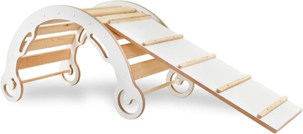 Need Sleep Arche evolutive Montessori avec Coussin et Toboggan Leo | 56x103x51cm | Rainbow Rocker | Mur Escalade Enfant Module motricité bébé | Triangle d'escalade balançoire | Blanc (L)