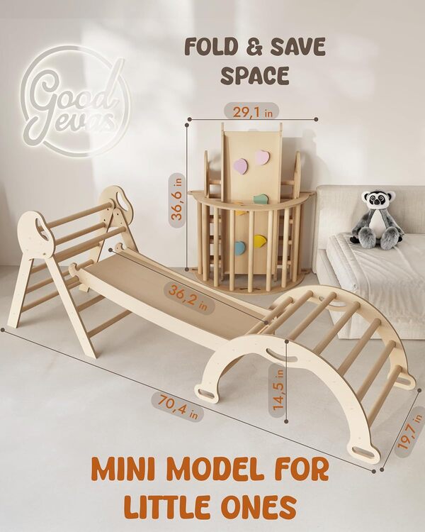 Cadre d'escalade 5-en-1 pour Enfants - Échelle en Triangle, Arc d'escalade, Balance Board et Coussin, Cadre d'escalade Montessori, Gym en Bois pour Enfants de 1 à 3 Ans