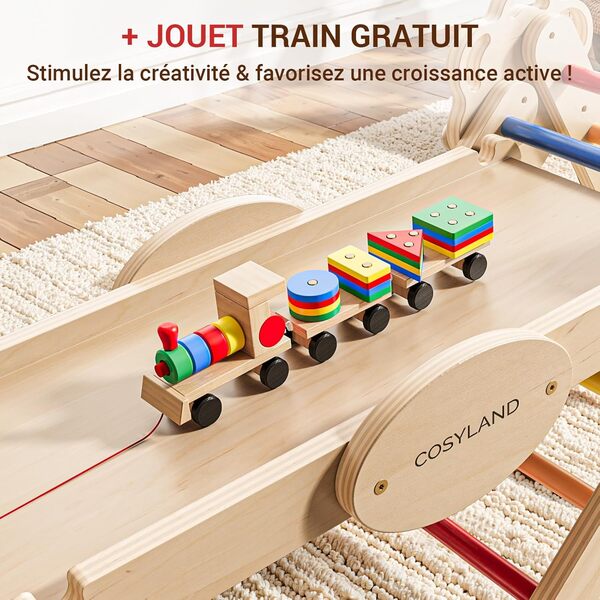 COSYLAND Triangle d’Escalade Montessori 8-en-1 - Arche Pliable en Bois pour Enfants de 1 à 3 Ans, Parcours de Motricité à Hauteur Fixe, Charge 80 kg, Boîte Cadeau Colorée (Arc-en-Ciel)