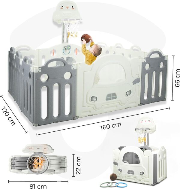 Asalvo MONTESSORI Terrain de jeux pour bébés, Centre d'activités, 160 x 120 cm, extensible, Terrain de jeux, Parc pour bébé, Aire de jeux intérieure et extérieure, Montessori Blanc