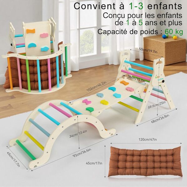 Yrthe Voitom Escalade Enfant Arche Montessori Bebe 7 en 1 Triangle d'escalade Bois avec Arche Eveil, Toboggan Échelle Coussin Toboggan, Parcours Motricité Bébé pour Tout-Petits Bébé 1 Ans+ (Couleur)