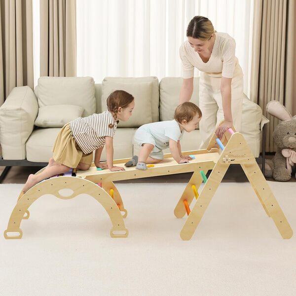 Mosebears Triangle d'escalade Montessori Enfants avec Rampe Double Face, Arc d'escalade Montessori en Bois Hêtre avec Toboggan & Échelle, Charge Max 60KG,pour Tout-Petits Bébé 1 Ans+