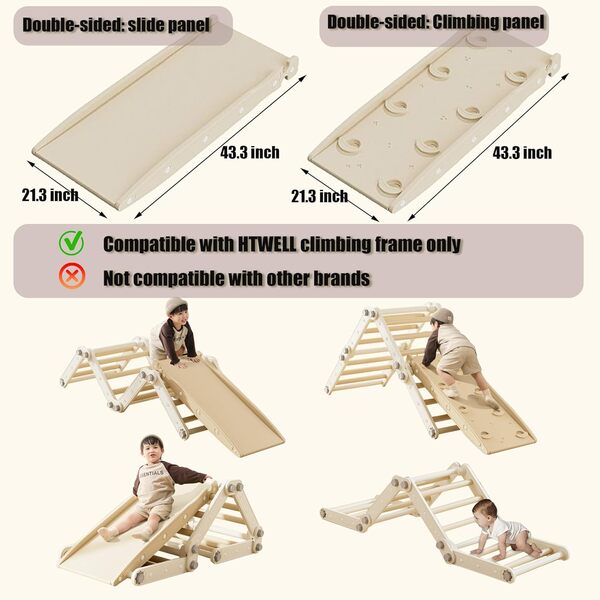 Toboggan compatible avec les jouets d'escalade HTWELL pour tout-petits, ensemble triangulaire Pikler, multifonction, pliable, salle de sport d'intérieur pour enfants (gris)