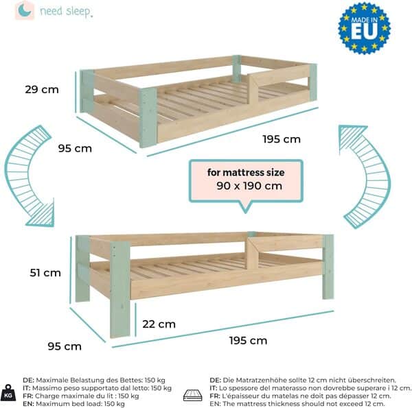 Need Sleep lit Transformable lit Montessori au Sol 2-en-1 lit Enfant 70x140 cm avec barrière lit bébé lit Bas lit Simple en Bois Fille Garcon lit 2 Ans évolutif (90x190 cm)