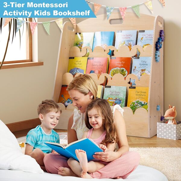 Weihnacht Bibliothèque pour enfants à 3 niveaux, étagère à livres pour chambre d'enfant, étagère de chambre de bébé, support de livres pour enfants en bois avec jouet Montessori (25 ans