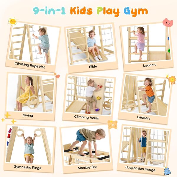 Échafaudage d'escalade d'intérieur 9 en 1 pour enfants, kit de jeu d'escalade Montessori en bois avec toboggan, balançoire, cadre d'escalade, échelle verticale/en corde, filet d'escalade