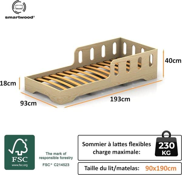smartwood Lit Enfant 90x190 Lit Montessori au Sol - Bois Certifié FSC avec Barrière et Sommier à Lattes Flexibles Jusqu’à 230 kg - Montage Facile - pour Garçon et Fille - Tila 6