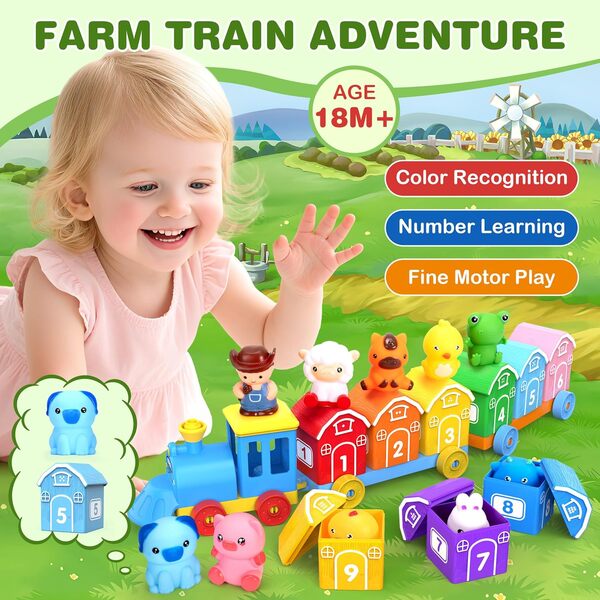 Montessori Jouets pour tout-petits de 1, 2, 3 ans, ensemble de train d'animaux de la ferme avec comptage d'activités de tri assorties, 9 granges, 10 marionnettes à doigts, 2 autocollants, jouets