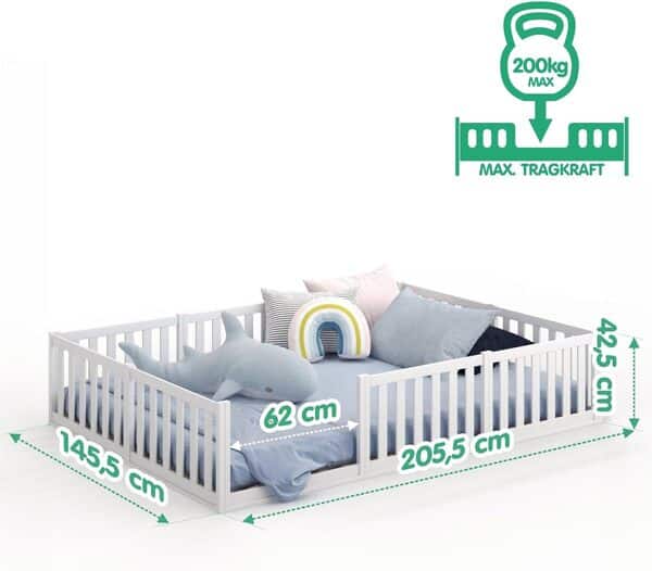 CADANI Lit Montessori TESO 140x200 – Charge 200 kg, entrée modulable, sommier Enroulable, lit-Familial Blanc