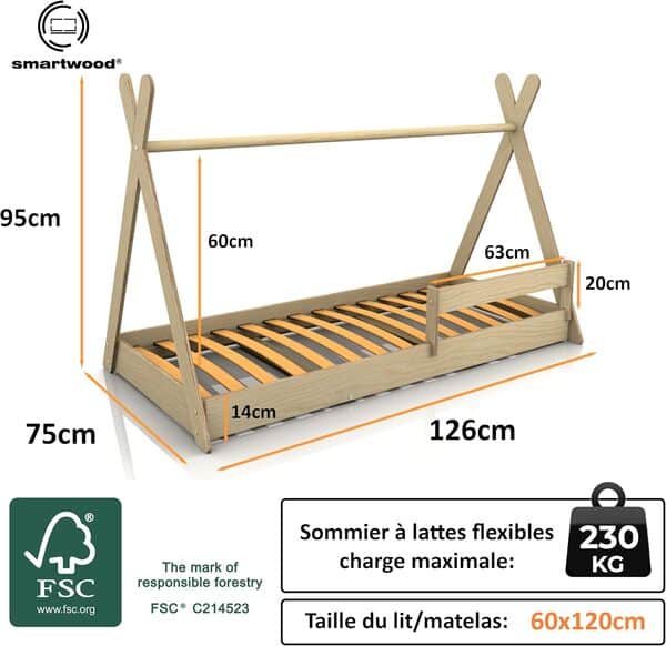 smartwood Lit Cabane Enfants 60x120 - Lit Montessori TIPI F en Bois de Pin Certifié FSC avec Barrière et Sommier jusqu'à 230 kg - pour Fille et Garçon - Montage Facile