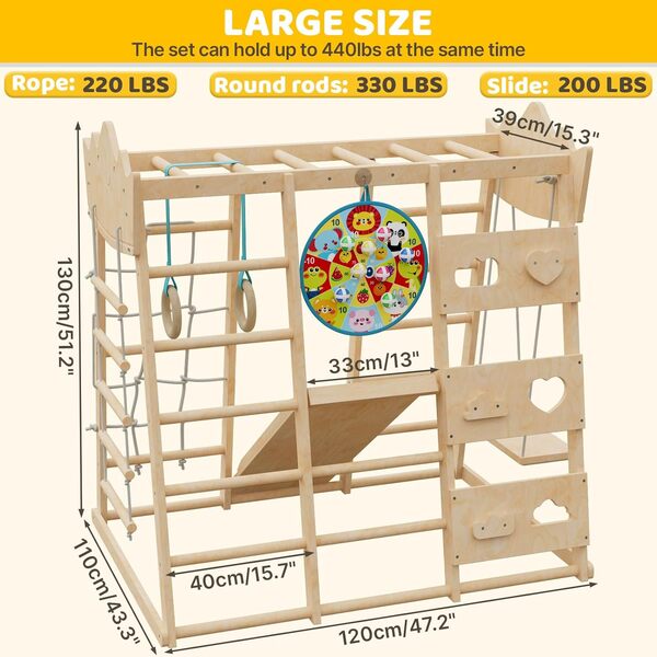 Salle de sport intérieure 8 en 1 pour enfants, aire de jeux intérieure pour tout-petits, ensemble de jeu Montessori grimpeur en bois avec toboggan, balançoire, barres de singe, filet d'escalade