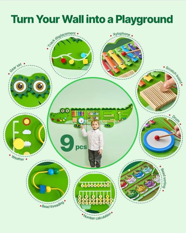 VEVOR Panneaux Muraux d'Activités Crocodile, 9 Jeux, Jouet Mural Sensoriel Montessori pour Enfants 3-12 Ans, Centre d'Activités d'apprentissage, Salle de Jeux des Tout-Petits, Crèche, Salle de Classe