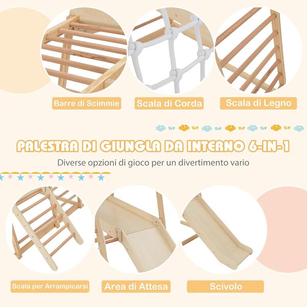 COSTWAY 6 en 1 Set d'escalade pour enfants, salle de sport en bois avec barres de singe toboggan corde et escaliers en bois, aire de jeux pour enfants 1 ans (naturel)