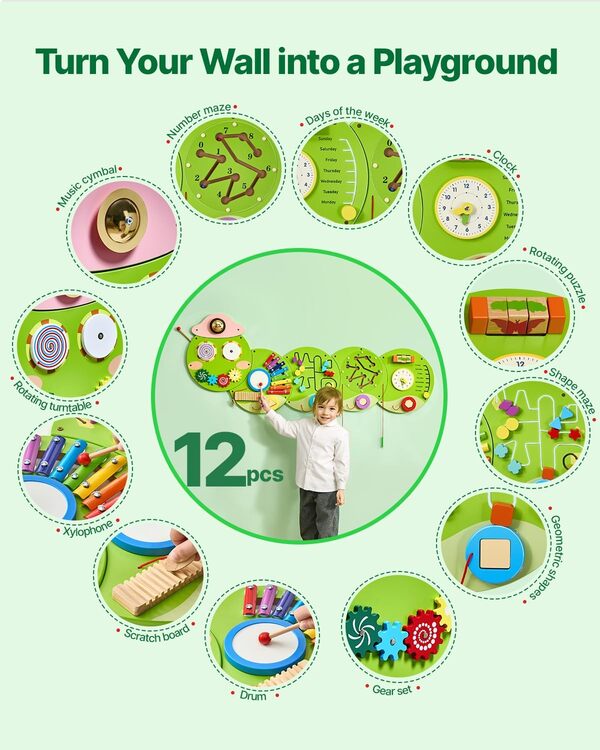VEVOR Panneaux Muraux d'Activités Chenille, 12 Jeux, Jouet Mural Sensoriel Montessori pour Enfants 3-12 Ans, Centre d'Activités d'apprentissage, Salle de Jeux des Tout-Petits, Crèche, Salle de Classe
