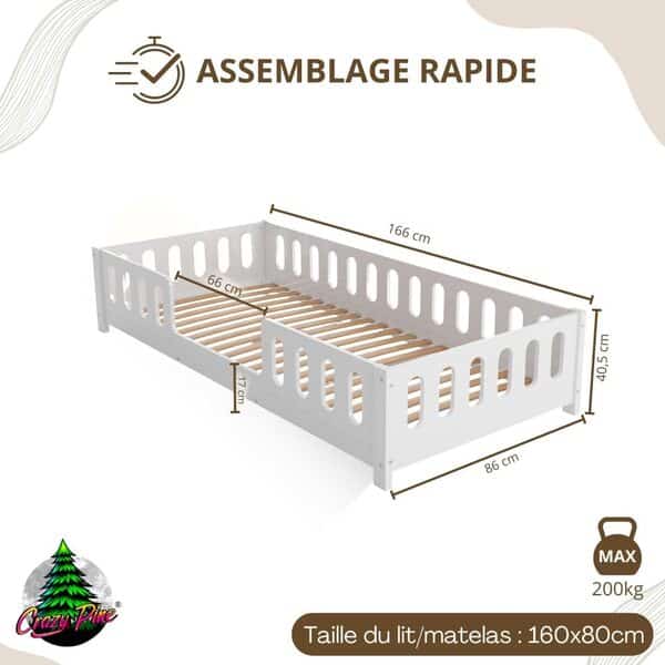 Lit enfant 160 x 80 cm - Lit Montessori à sol blanc avec barrière en MDF - Sans danger pour les petits enfants avec bords arrondis - Entrée centrale - Crazy Ethan
