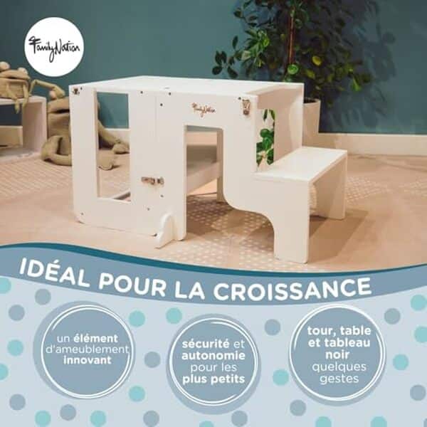 Découvrez l'analyse complète de la tour montessori 3 en 1 Family Nation : un mobilier éducatif en bois blanc alliant polyvalence et design raffiné pour accompagner le développement de votre enfant.