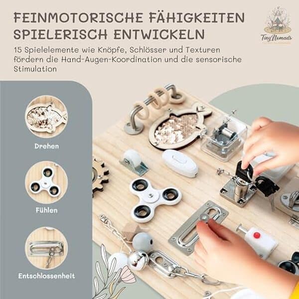 Explorez le tableau Montessori Tiny Nomads : une activité sensorielle captivante adaptée aux enfants dès 1 an. Découvrez ses atouts pour éveiller vos petits aux plaisirs de l'apprentissage par le jeu.