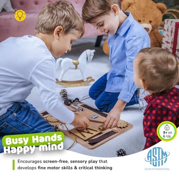 Découvrez comment le busy board Montessori stimule l'éveil sensoriel des enfants de 1 à 3 ans : un jouet éducatif incontournable pour leur développement.